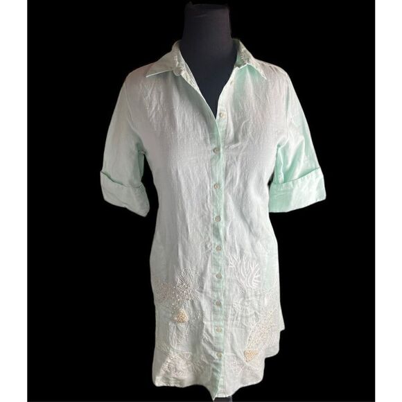 Soft surroundings linen blend blue green seashell embellished button dress small